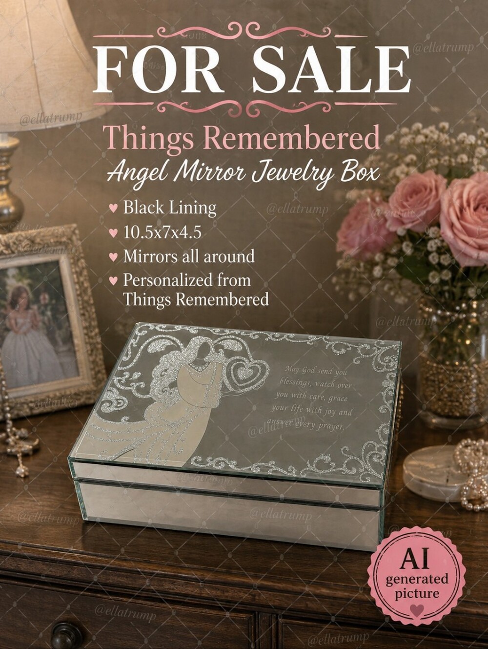 Things Remembered Angel Mirror Jewelry Box Black Lining 10.5x7x4.5